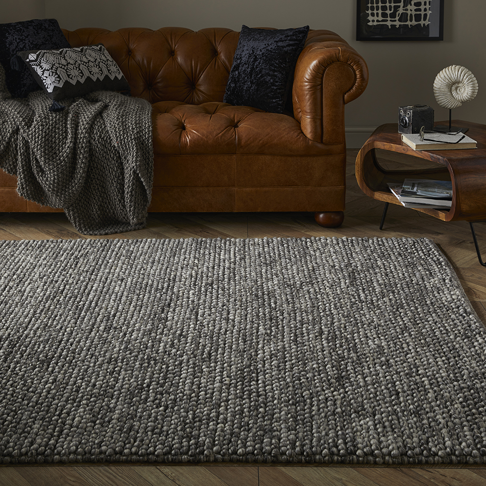 Delilah Mayfair Motted Pebble Wool Rugs In Grey Black